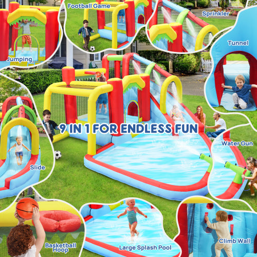7 in1 Inflatable slide water park bouncing house outdoor Soccer garden bouncer with Splash pool & Water gun & Climbing wall & Basketball & Football