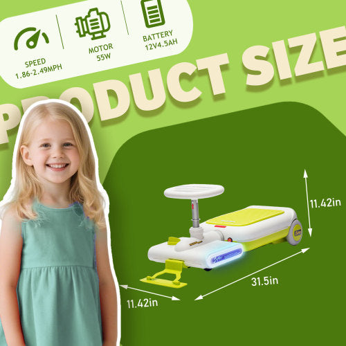 12V Cleaning Go Kart For Kids,55W Motor,Front with mop for cleaning,Length can extended by 6cm,Built in music and lighting functions,Provide a speed of 1.86-2.49MPH for kids aged 3-6 years old.