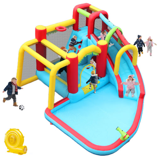 7 in1 Inflatable slide water park bouncing house outdoor Soccer garden bouncer with Splash pool & Water gun & Climbing wall & Basketball & Football