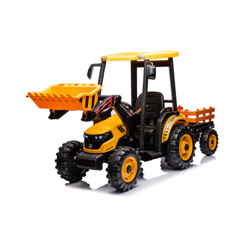 24V Kids Ride on Tractors with Parent Remote Control, Pedal Tractors with Working Loader and Backhoe Digger, Kids' Ride on Car Toys 24V Battery Powered Electric Vehicles with Trailer, Digger (Yellow)