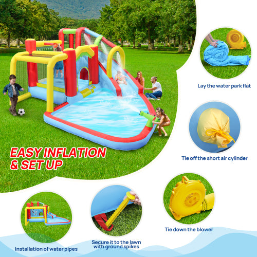 7 in1 Inflatable slide water park bouncing house outdoor Soccer garden bouncer with Splash pool & Water gun & Climbing wall & Basketball & Football