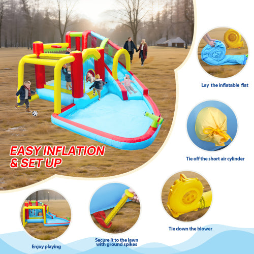 7 in1 Inflatable slide water park bouncing house outdoor Soccer garden bouncer with Splash pool & Water gun & Climbing wall & Basketball & Football