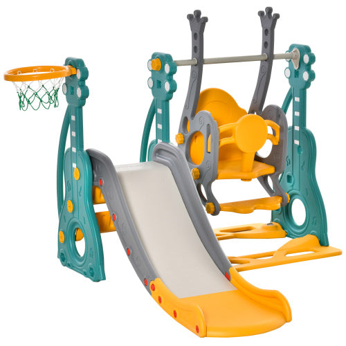 Qaba 3 in 1 Toddler Swing and Slide Set, Kids Slide with Climber, Ultra-Safety, Basketball Hood, Baby Playground Set, Fun Indoor/Outdoor Playset Exercise Toy for Ages 1.5-3