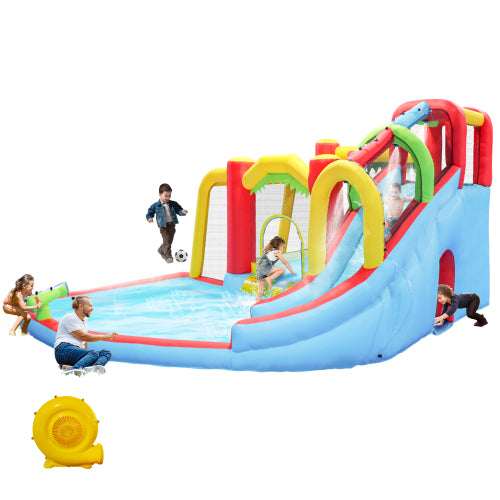 7 in1 Inflatable slide water park bouncing house outdoor Soccer garden bouncer with Splash pool & Water gun & Climbing wall & Basketball & Football